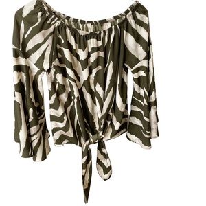 Tyche Olive Green and White Zebra-Print Off-Shoulder Tie-Front Blouse